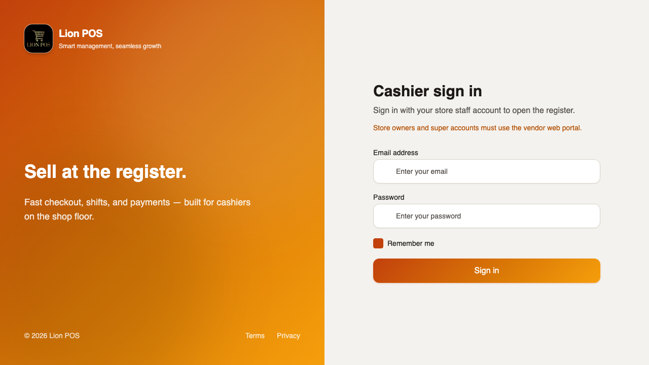 Cashier login on Vendor Desktop