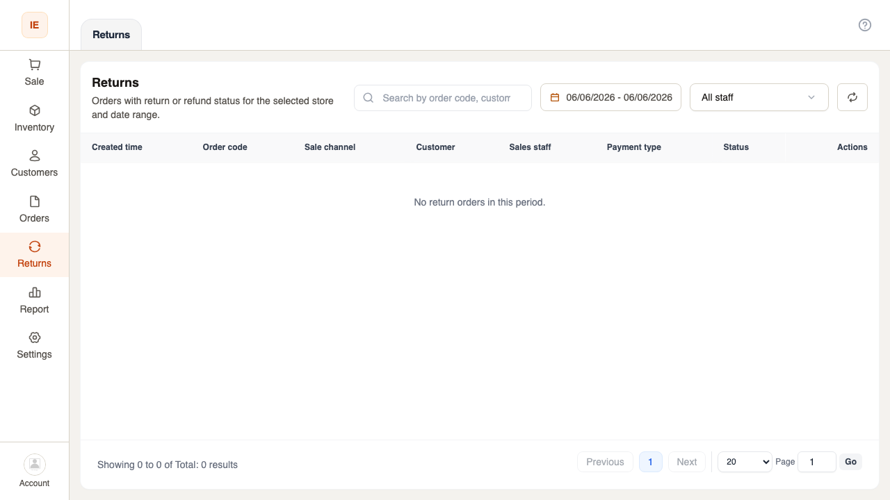 Returns screen